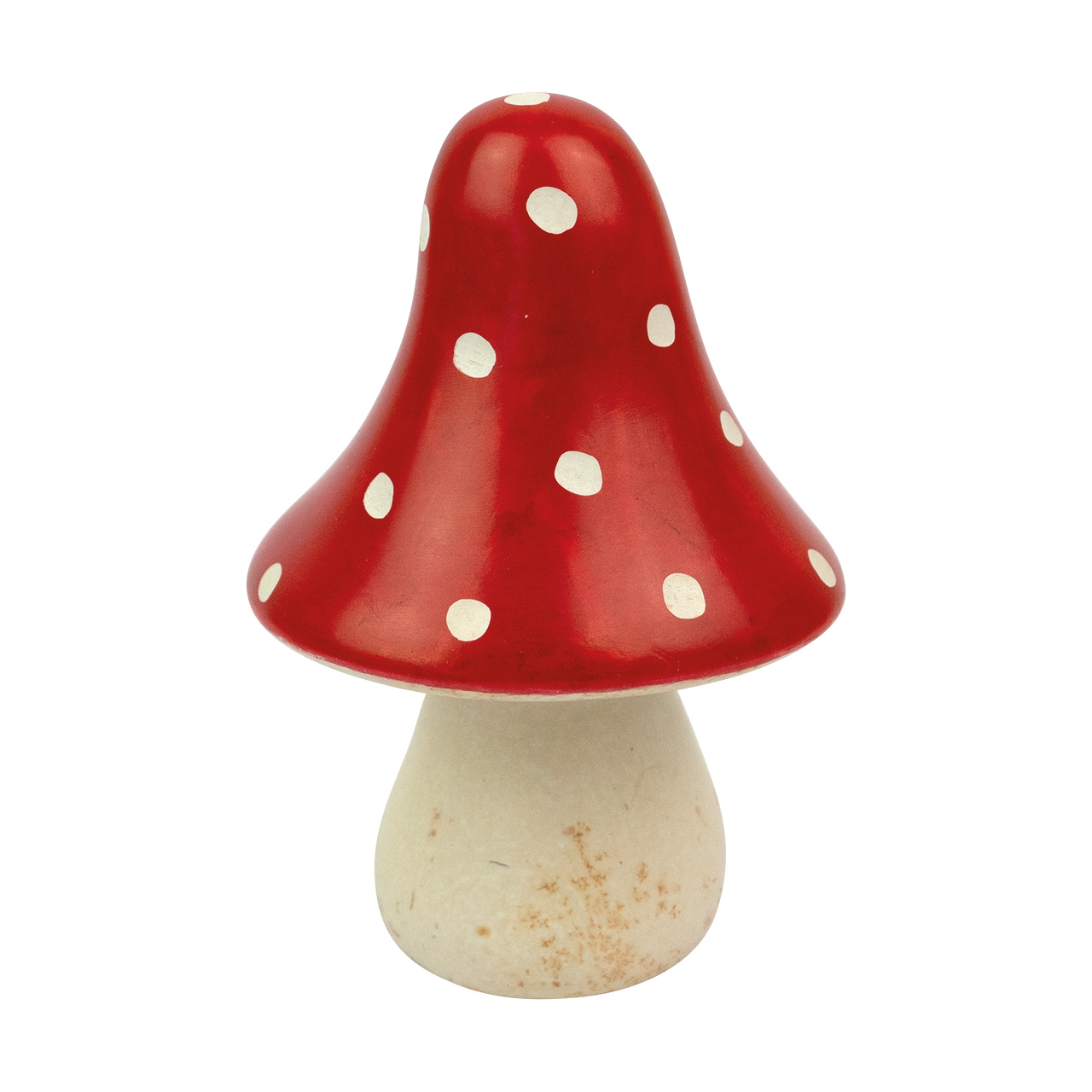 Handgeschnitzter Fliegenpilz aus Speckstein – rote Kappe mit weißen Punkten, naturbelassener Stiel, ideal als Dekoration oder Geschenk.
