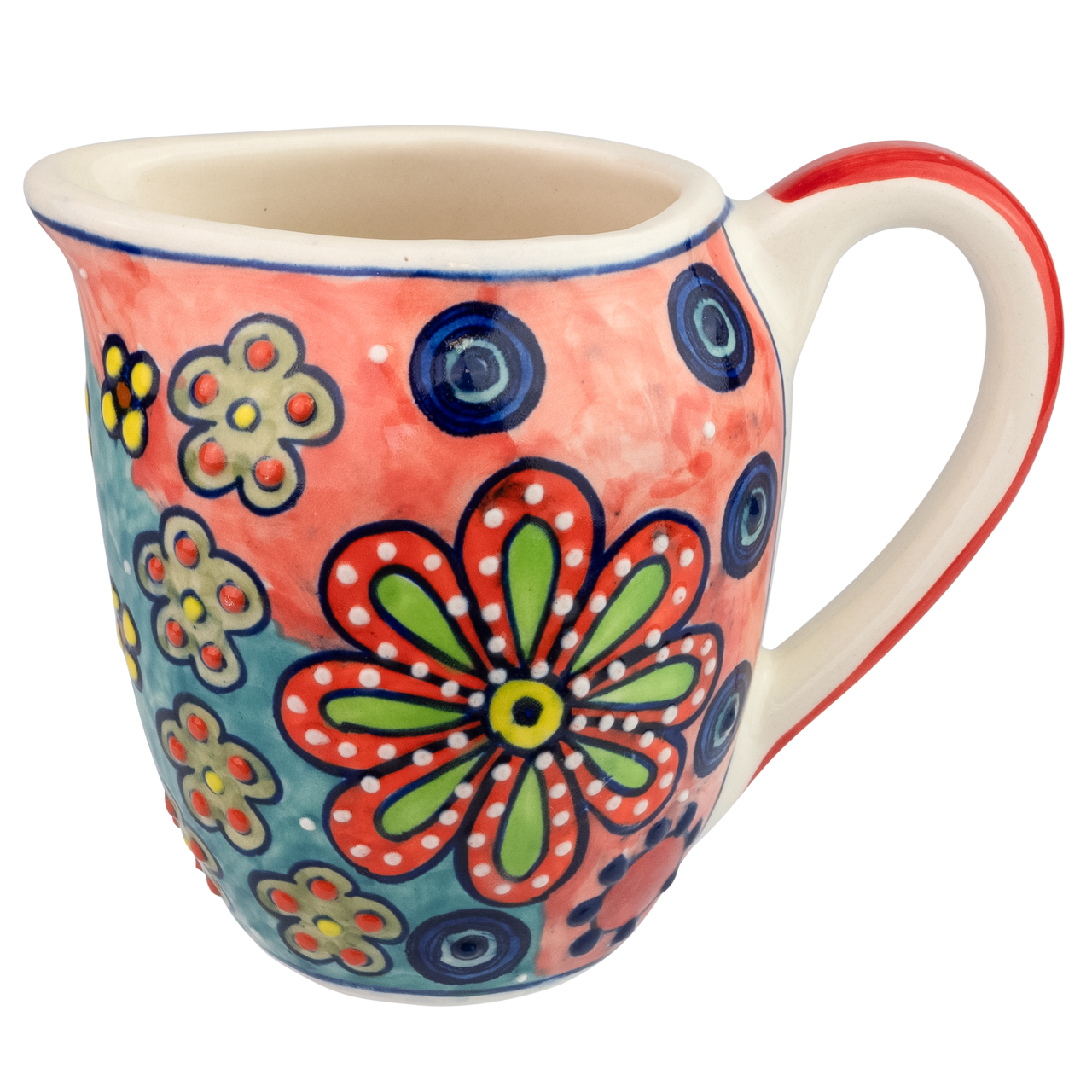 Milchkännchen aus Keramik mit Blumenmotiv, handbemalt.
