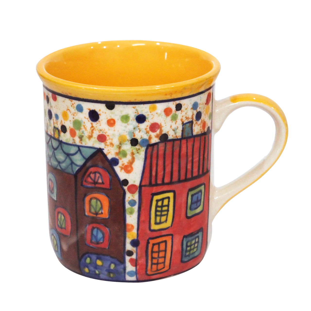 Tasse aus Keramik mit Häusermotiv, handbemalt.