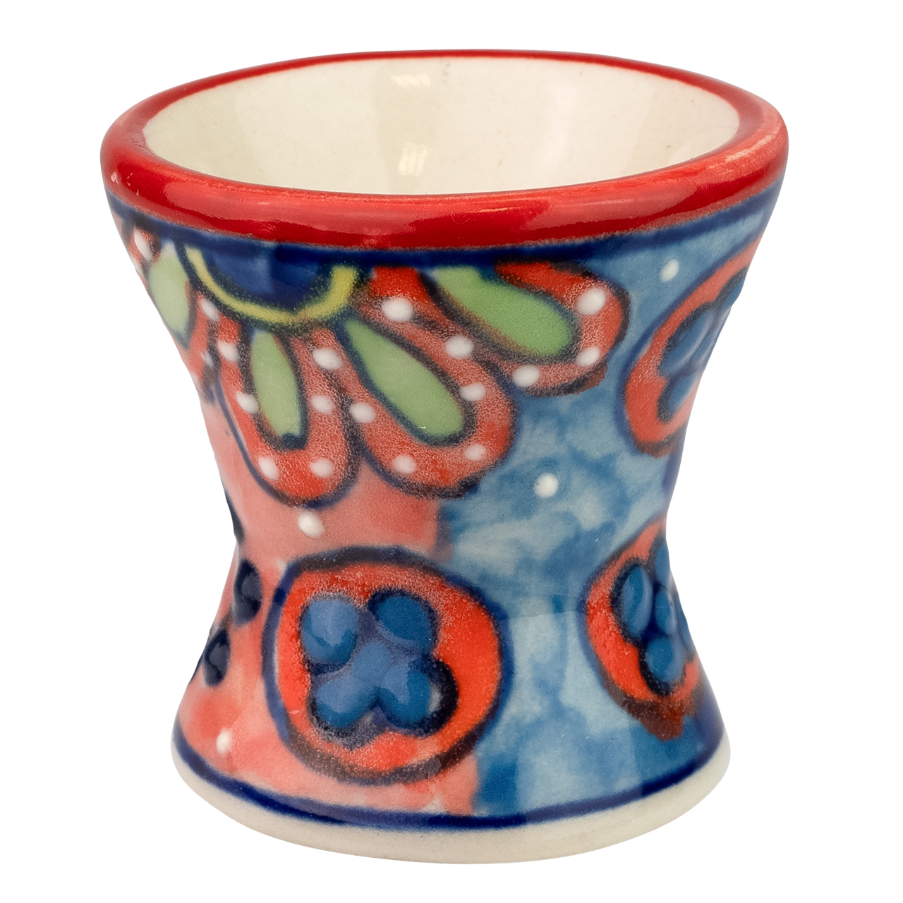 Eierbecher aus Keramik mit Blumenmotiv, handbemalt.
