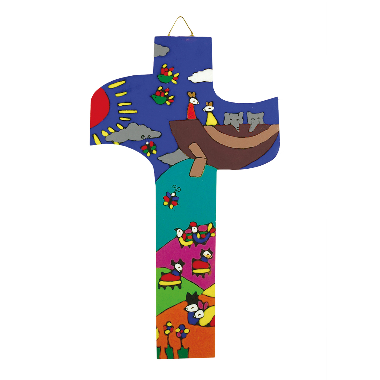Bunt bemaltes rundes Wandkreuz aus Holz mit Arche-Noah-Motiv.