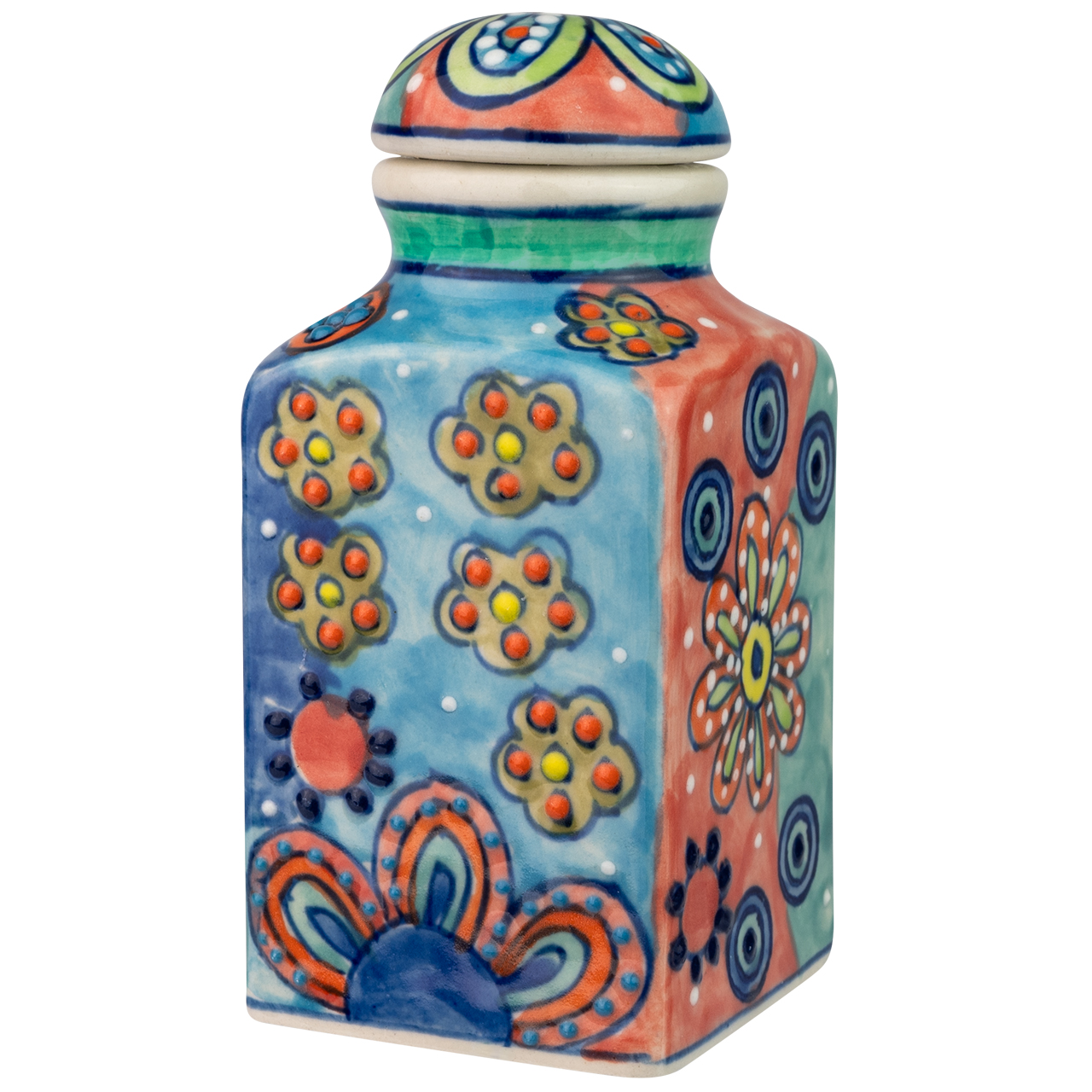 Gewürzfläschchen aus Keramik mit Blumenmotiv, handbemalt.