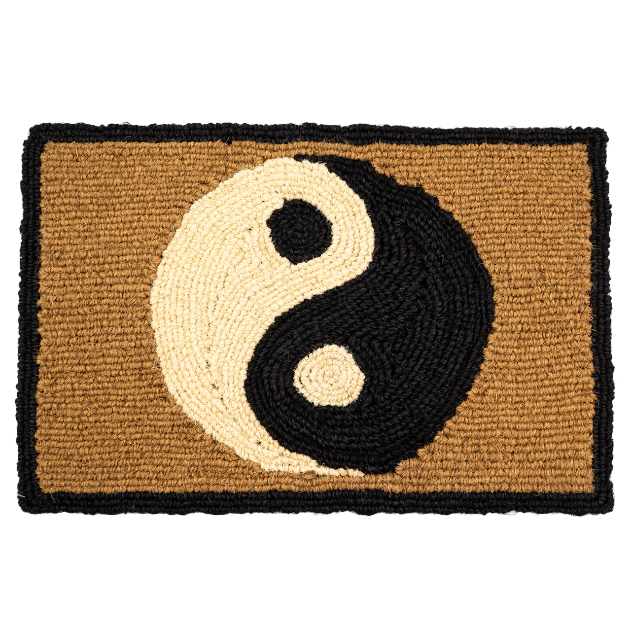 Nachhaltige Fußmatte aus Kokos mit Yin und Yang-Motiv, handgefertigt und fair gehandelt