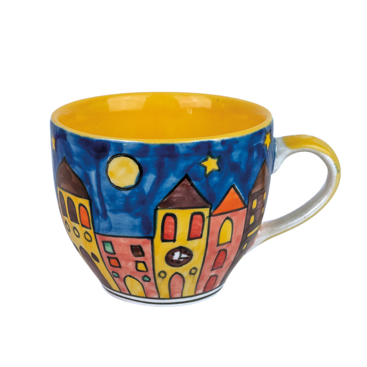 Tasse aus Keramik mit Häusermotiv, handbemalt.