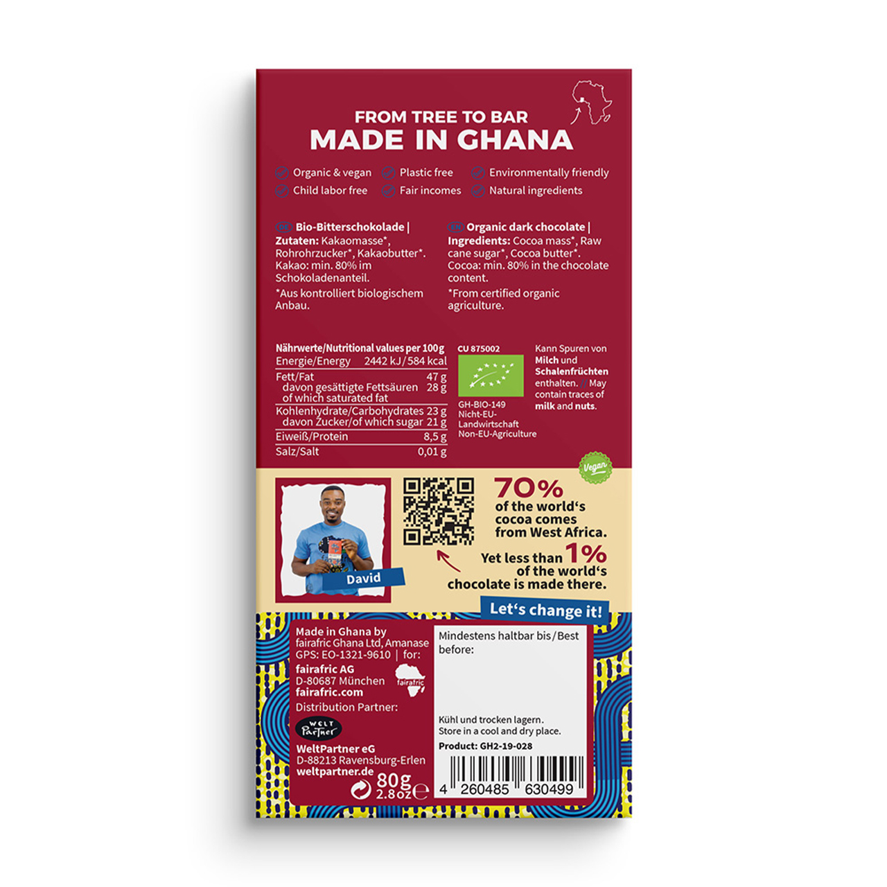 Fairafric Bio-Schokolade mit 80 % Kakao – intensiv, dunkel und aromatisch. Fair produziert in Afrika für echten Schokoladengenuss.