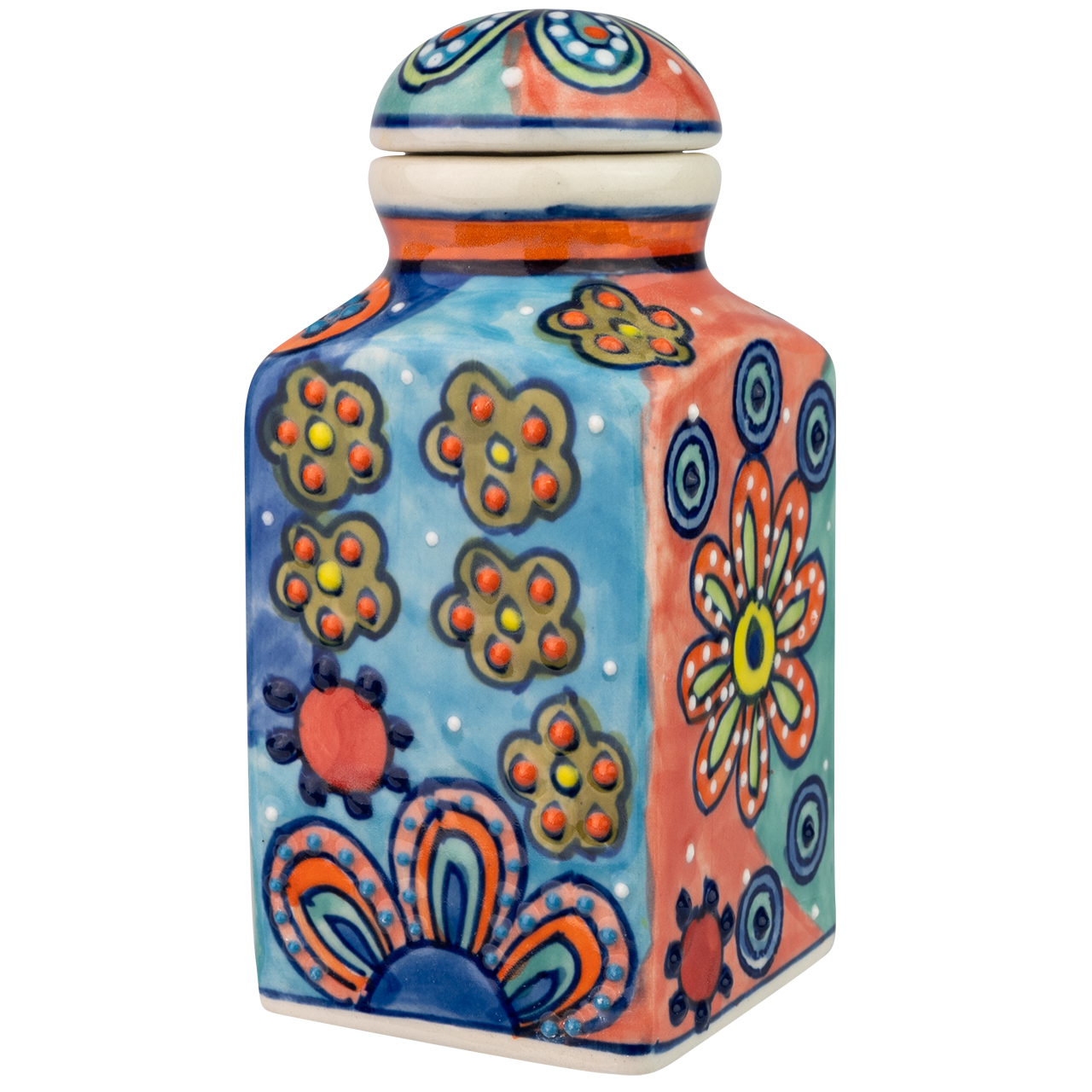 Gewürzfläschchen aus Keramik mit Blumenmotiv, handbemalt.