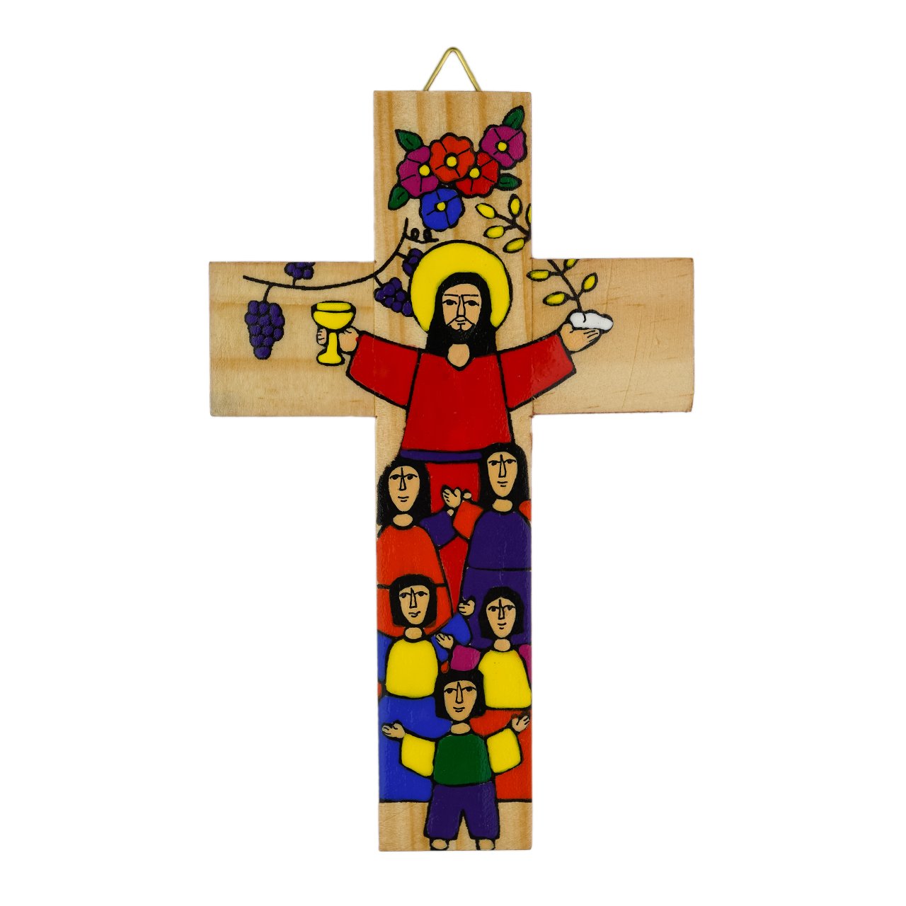 Bunt bemaltes Wandkreuz aus Holz - Brot und Wein