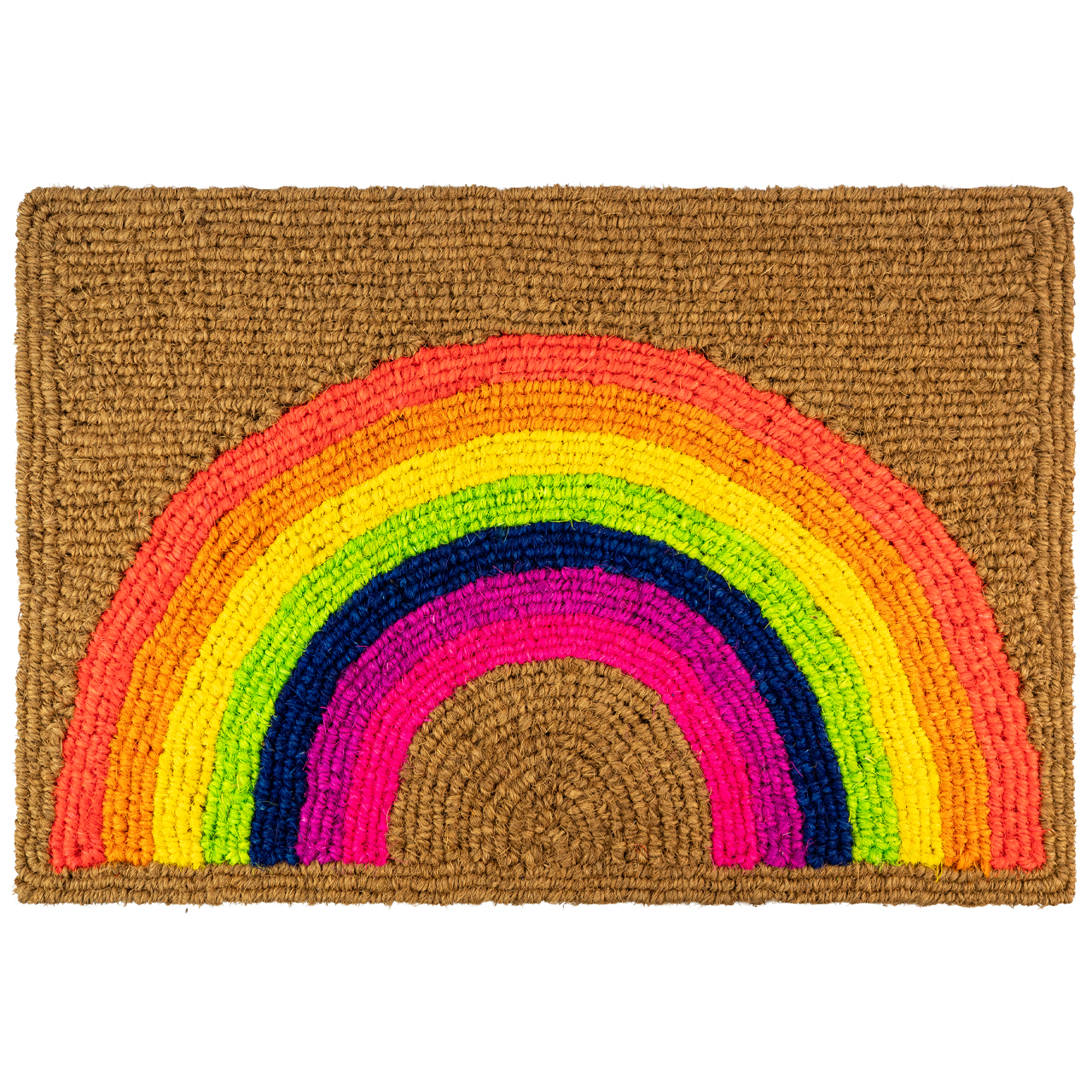 Fußmatte aus Kokos mit buntem Regenbogenmotiv für Haustür, Flur oder Eingangsbereich.