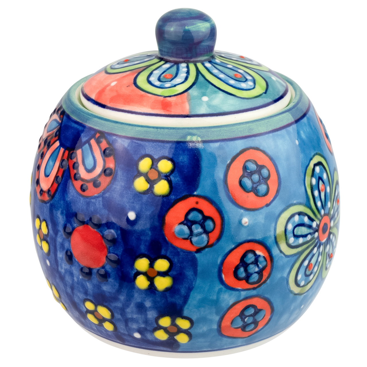 Zuckerdose aus Keramik mit Blumenmotiv, handbemalt.