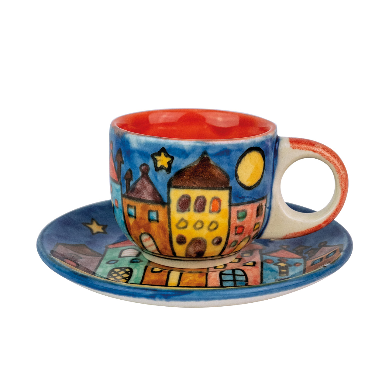 Handbemalte Espressotasse aus Keramik mit weihnachtlicher Dorfszene – festliches Design für gemütliche Kaffeepausen in der Adventszeit.