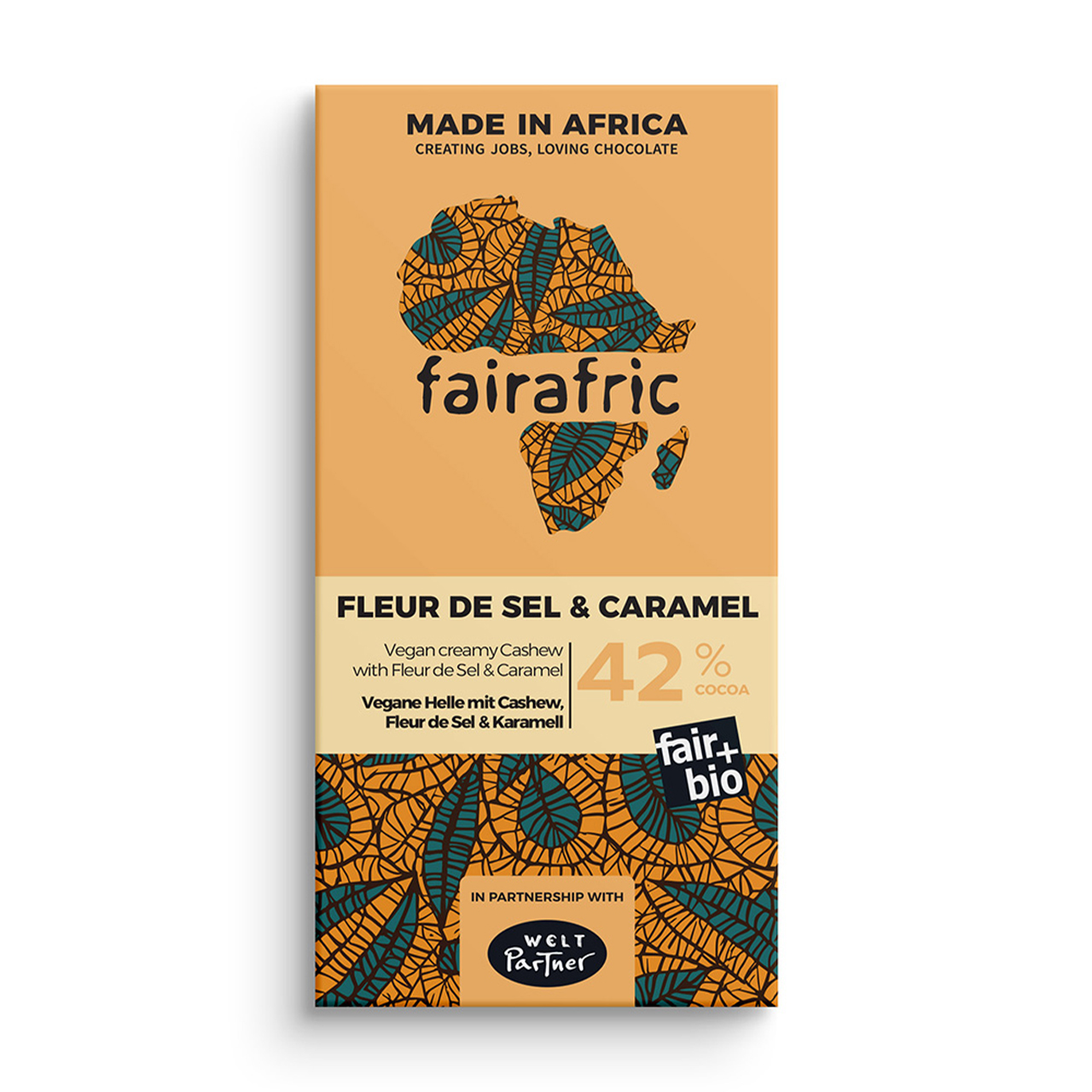 Fairafric Bio-Schokolade mit Fleur de Sel und Karamell – süß-salzige Komposition mit feinem Crunch. Fair produziert in Afrika, bio & vegan.