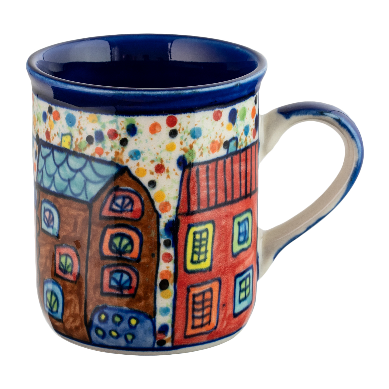 Kaffeetasse aus Keramik mit Häusermotiv, handbemalt.