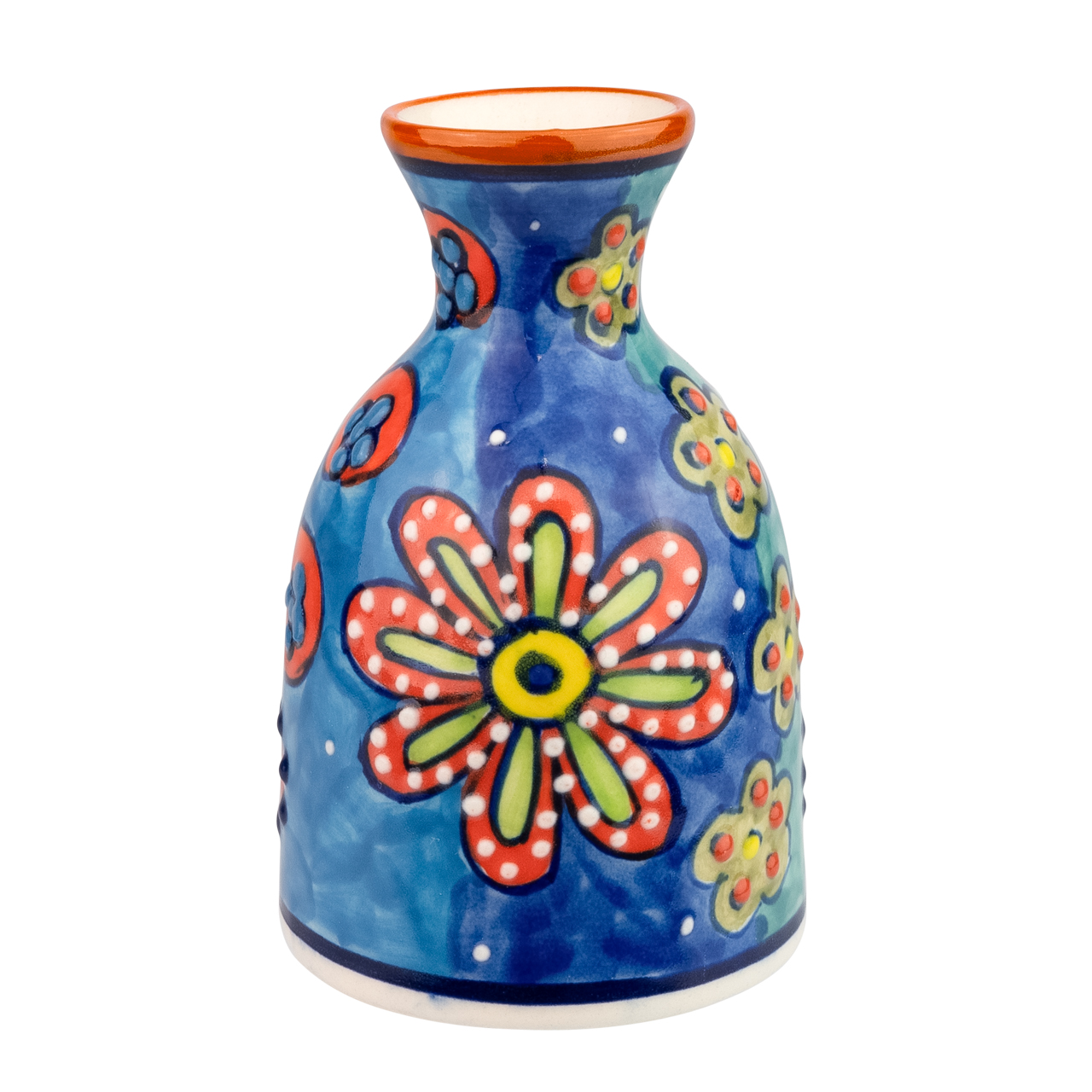 Kleine, handbemalte Keramikvase mit farbenfrohem Blumenmotiv – kunstvolles Design für stilvolle Tischdekoration.