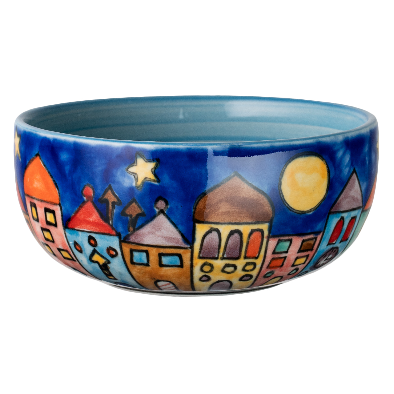 Handbemalte Müslischale aus Keramik mit weihnachtlicher Dorfszene – festliches Design für gemütliche Frühstücksmomente in der Adventszeit.