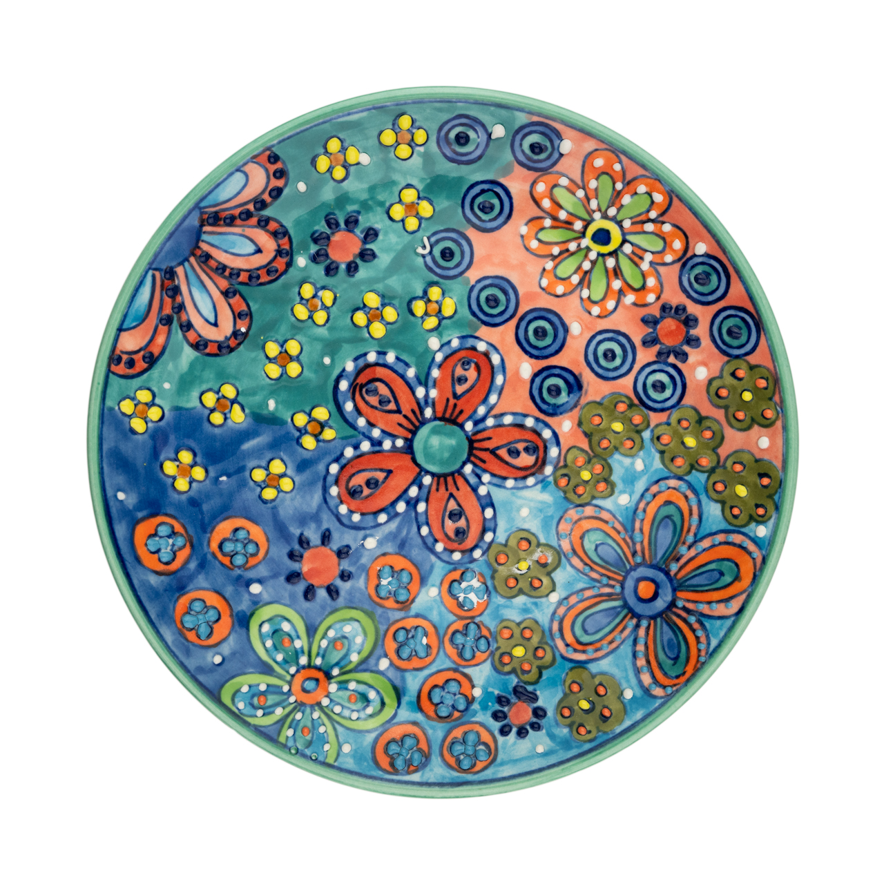 Teller aus Keramik mit Blumenmotiv, handbemalt.