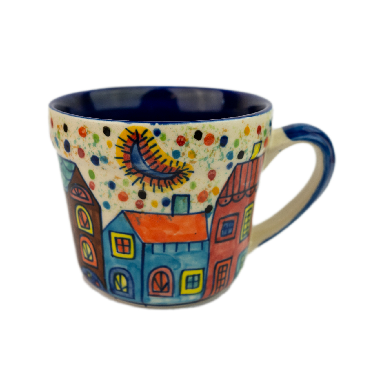 Große Tasse handbemalt mit Häusermotiv.