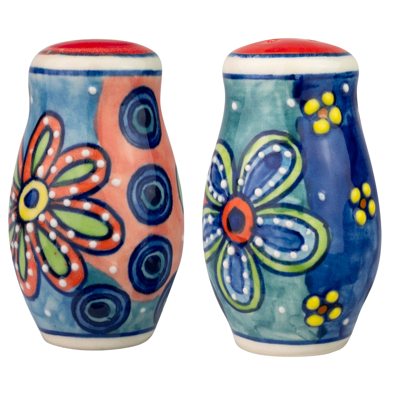 Salz und Pfefferstreuer aus Keramik mit Blumenmotiv, handbemalt.