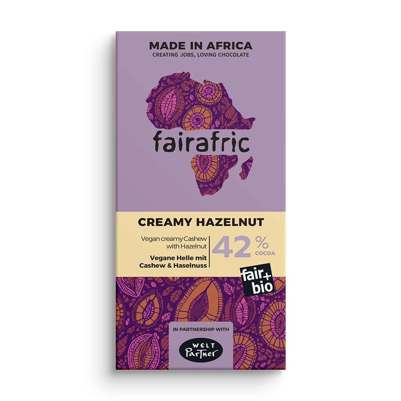 Fairafric Bio-Schokolade Creamy Hazelnut – zartschmelzende Schokolade mit feiner Haselnusscreme. Vegan, fair und direkt in Afrika produziert.