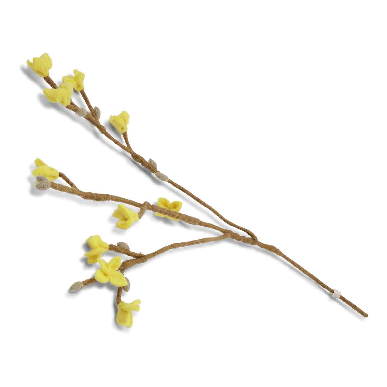 Filzzweig Forsythie von Gry & Sif – Handgefertigt und nachhaltig. Ein wunderschöner, leuchtend gelber Forsythienzweig aus Filz, der jedem Raum frische Frühlingselemente verleiht.