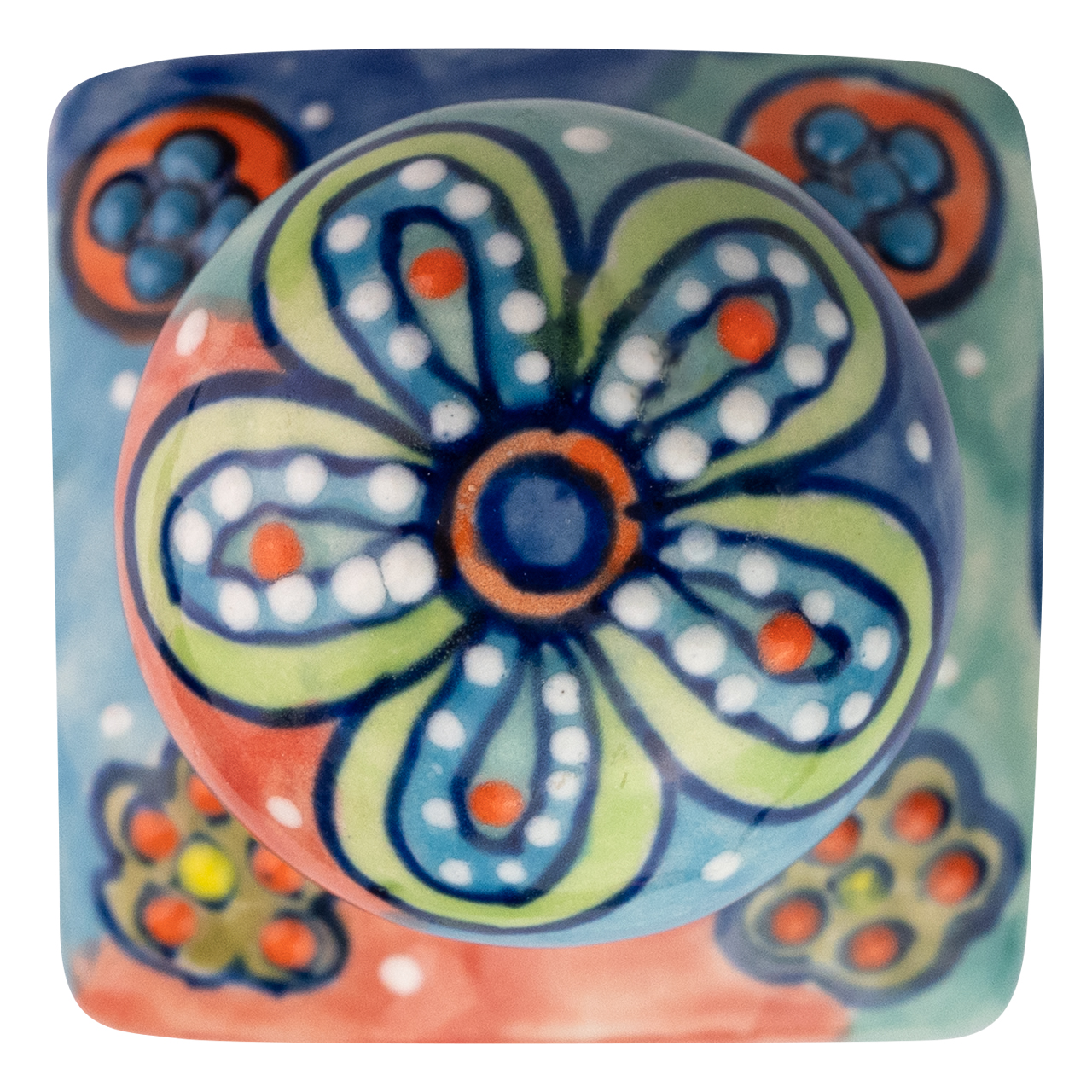 Gewürzfläschchen aus Keramik mit Blumenmotiv, handbemalt.