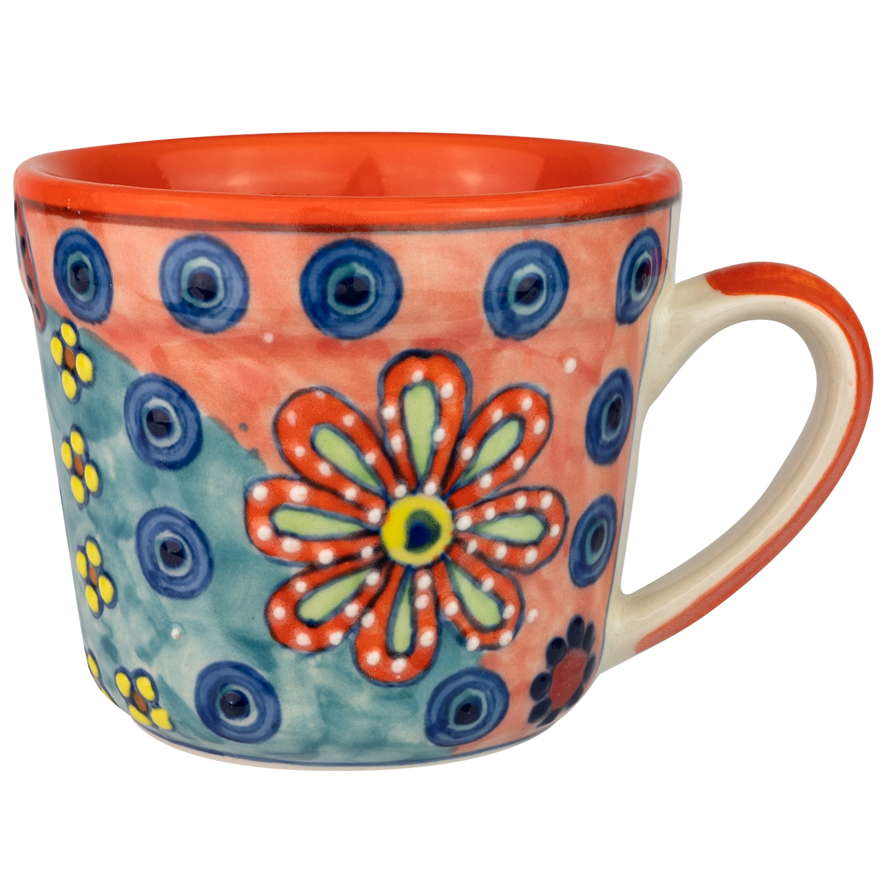 Tasse aus Keramik mit Blumenmotiv, handbemalt.