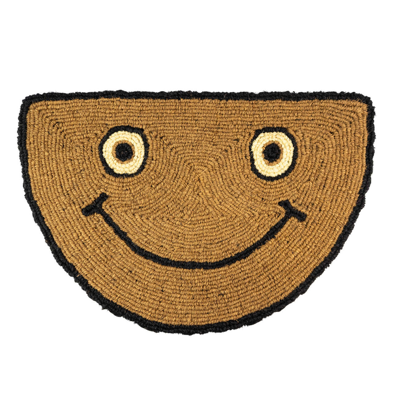 Nachhaltige, halbrunde Fußmatte aus Kokos mit Smiley-Motiv, handgefertigt und fair gehandelt