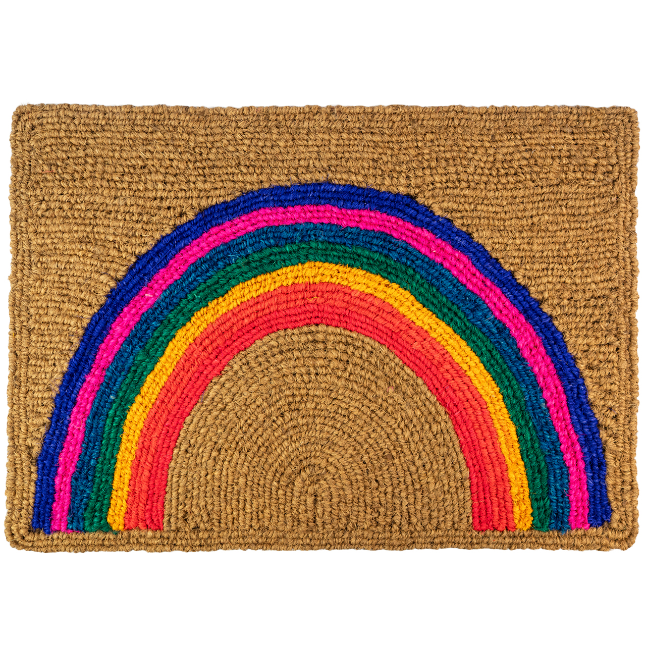 Nachhaltige Fußmatte aus Kokos mit Regenbogen-Motiv, handgefertigt und fair gehandelt