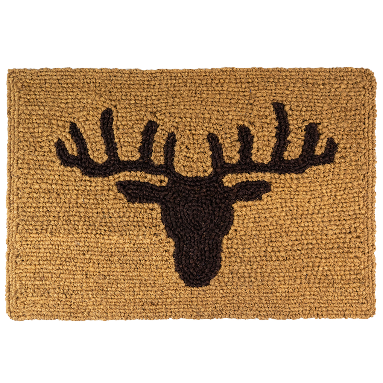 Nachhaltige Fußmatte aus Kokos mit Hirschkopf-Motiv, handgefertigt und fair gehandelt