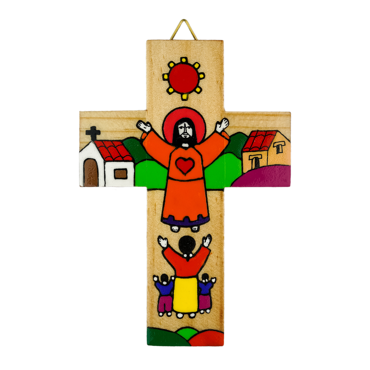 Bunt bemaltes Wandkreuz aus Holz-Jesus und Kirche-Motiv