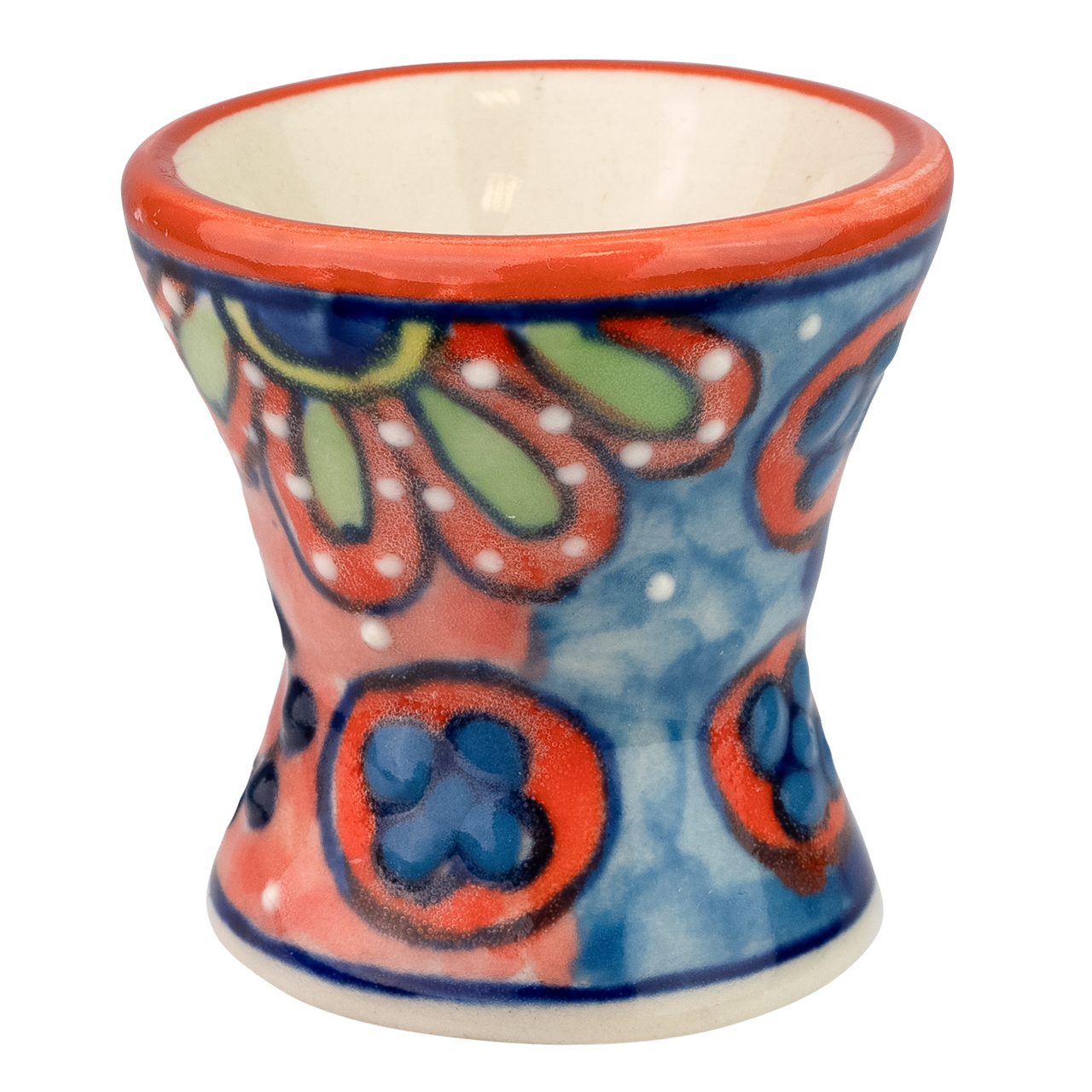 Eierbecher aus Keramik mit Blumenmotiv, handbemalt.