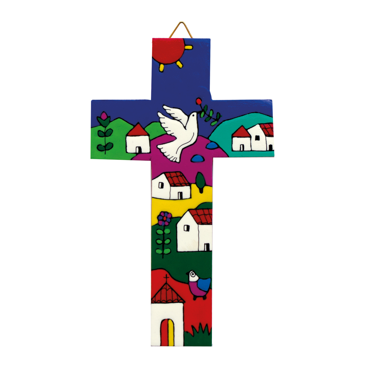 Bunt bemaltes Wandkreuz aus Holz mit Haus und Taube