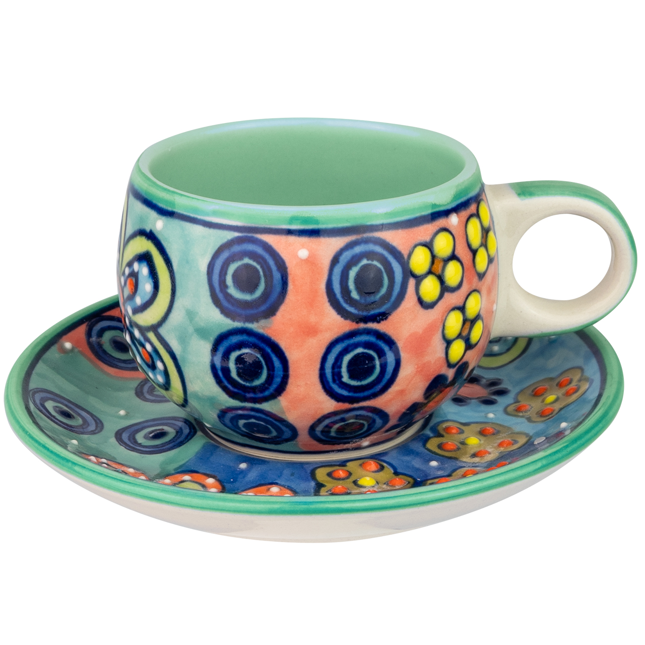 Espressotasse aus Keramik mit Blumenmotiv, handbemalt.