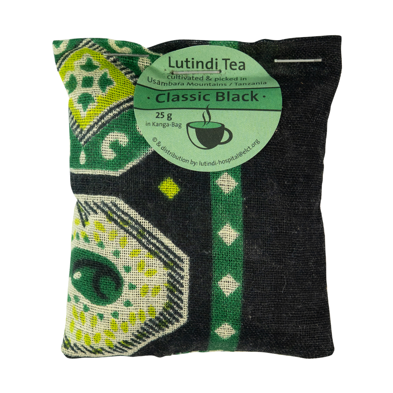 Lutindi Tee Schwarztee mit Classic Black in gemusterter Stoffverpackung aus Tansania.