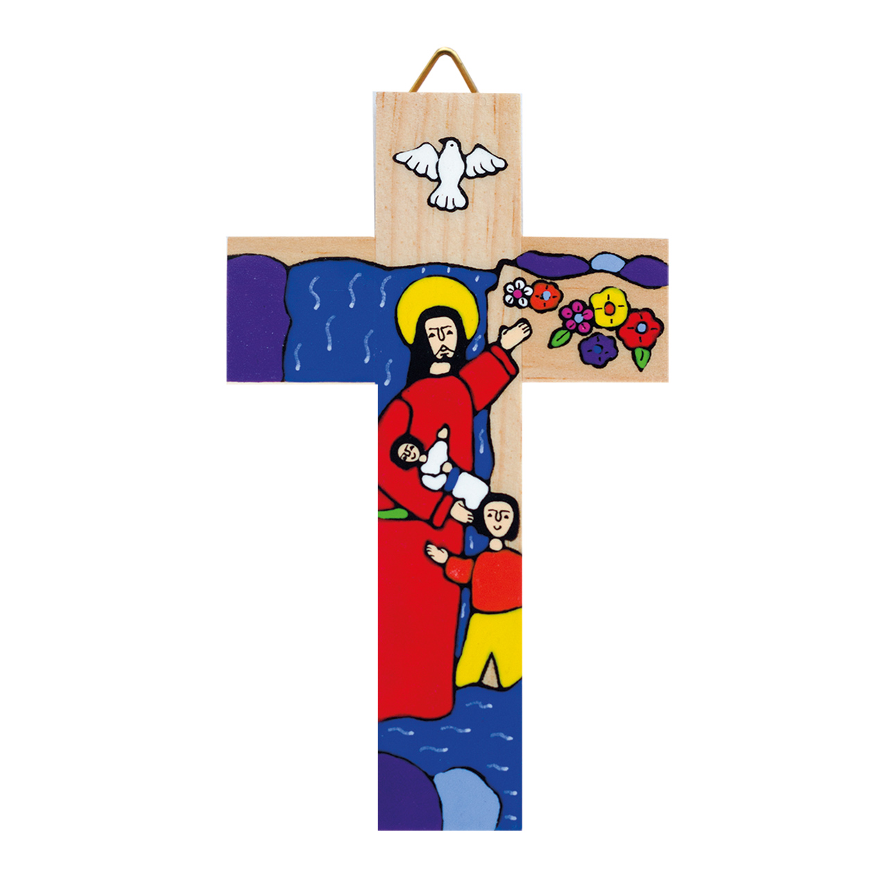 Bunt bemaltes Wandkreuz aus Holz-Taufe-Motiv