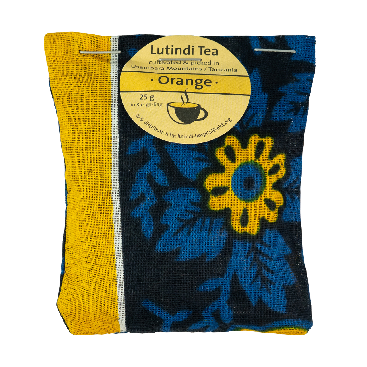 Lutindi Tee Schwarztee mit Orange in gemusterter Stoffverpackung aus Tansania.