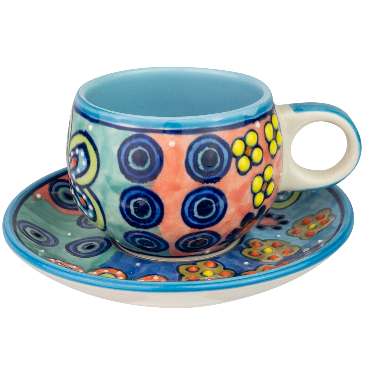 Espressotasse aus Keramik mit Blumenmotiv, handbemalt.