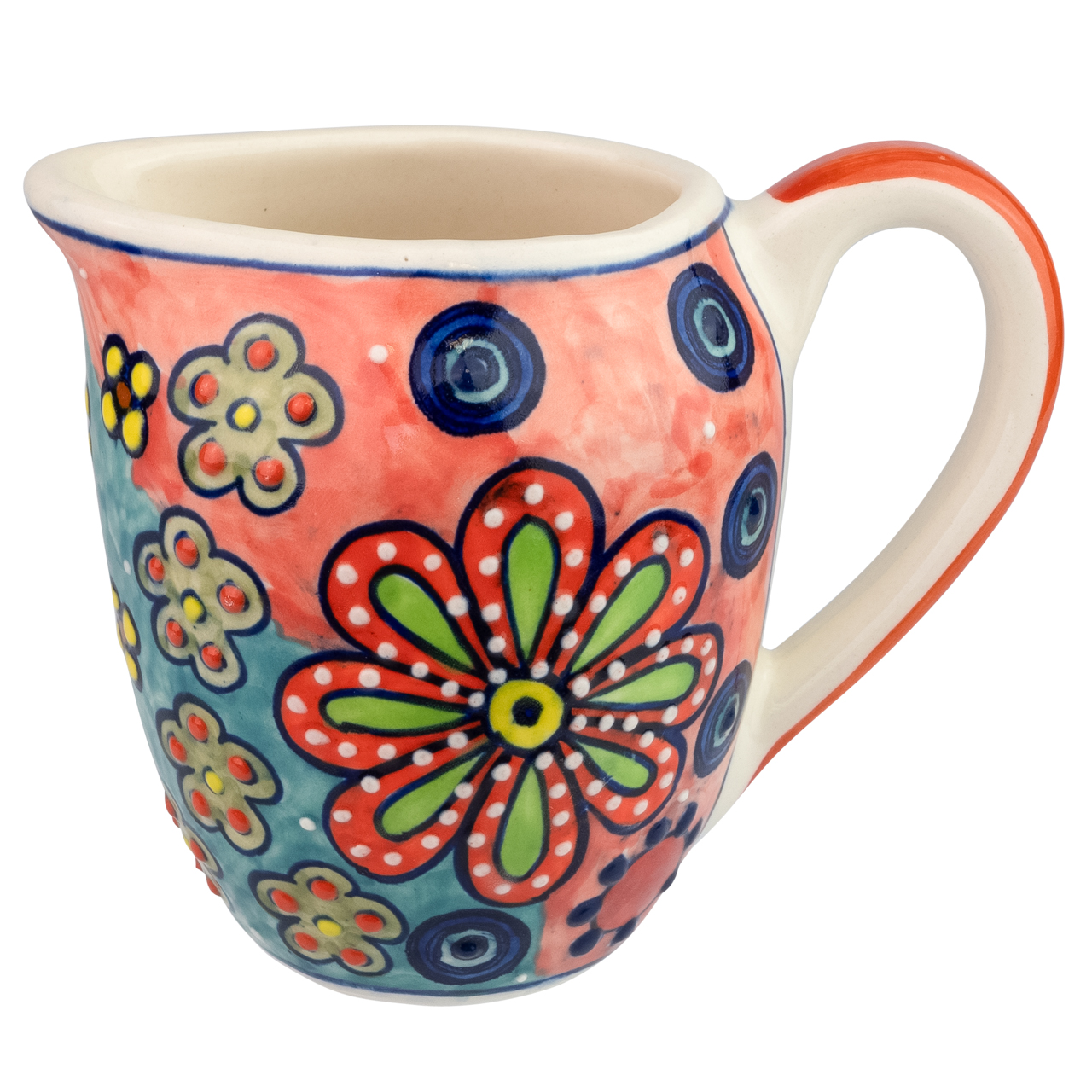 Milchkännchen aus Keramik mit Blumenmotiv, handbemalt.