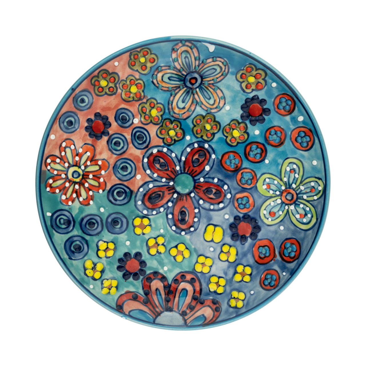 Handbemalter Keramikteller mit farbenfrohem Blumenmotiv – kunstvolles Design für stilvolle Tischdekoration.