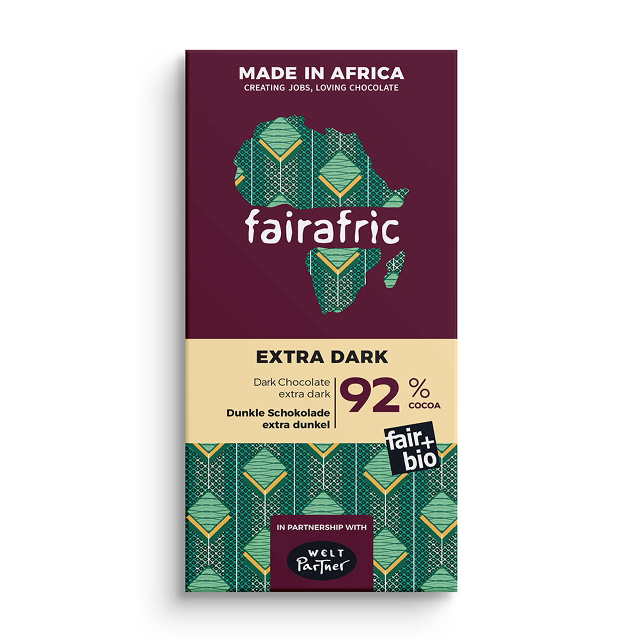 Fairafric Bio-Schokolade mit 92 % Kakao – extra dunkel, intensiv und pur. Für echte Kakao-Liebhaber – direkt in Afrika fair produziert.