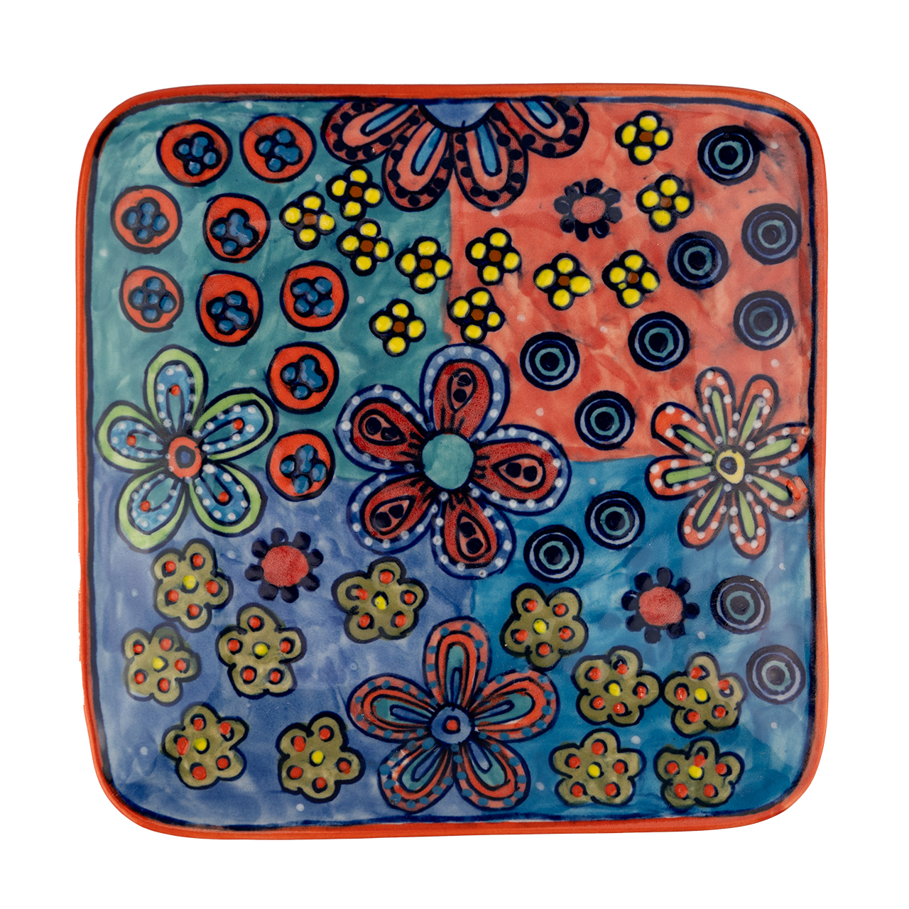 Handbemalter eckiger Keramikteller mit farbenfrohem Blumenmotiv – kunstvolles Design für stilvolle Tischdekoration.