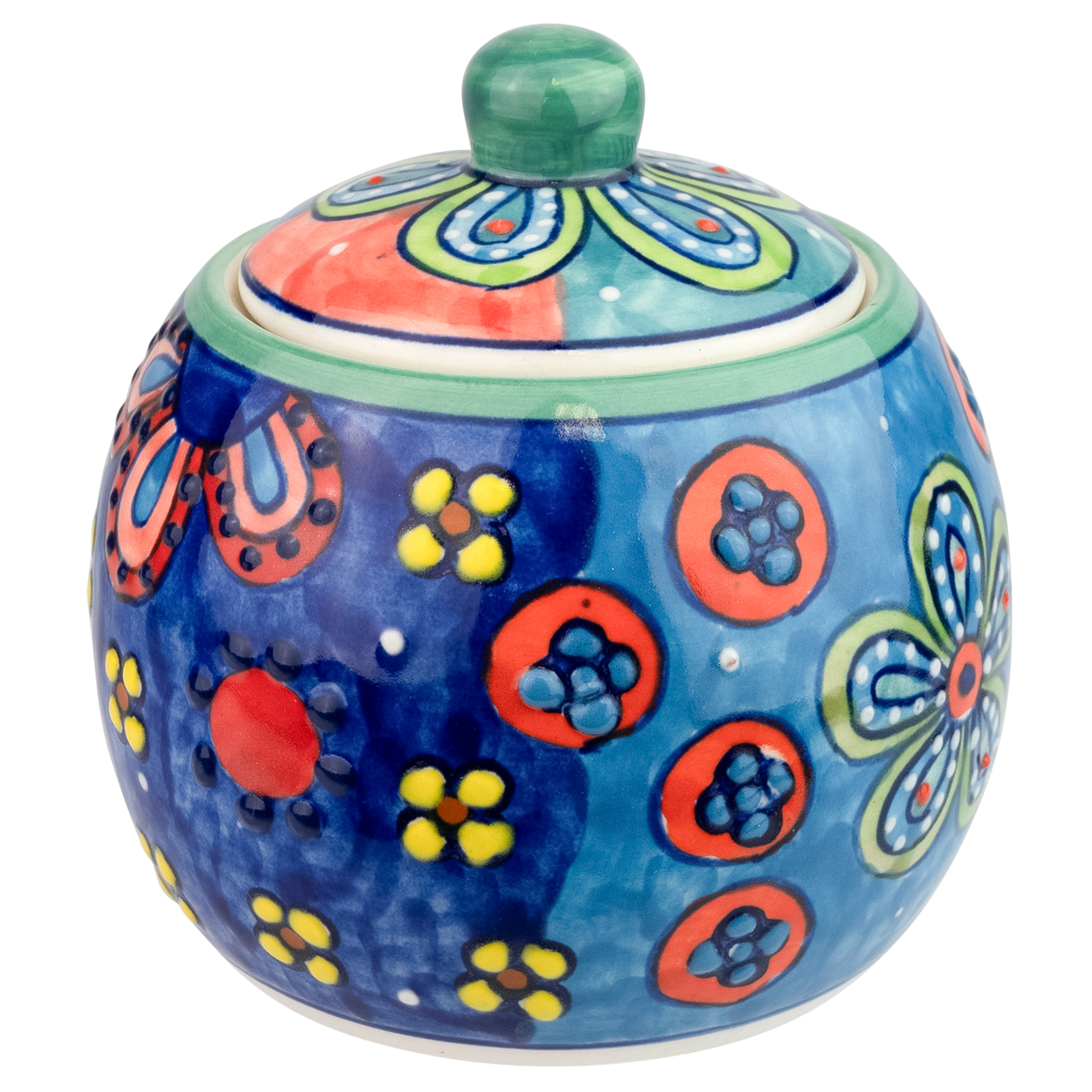 Zuckerdose aus Keramik mit Blumenmotiv, handbemalt.