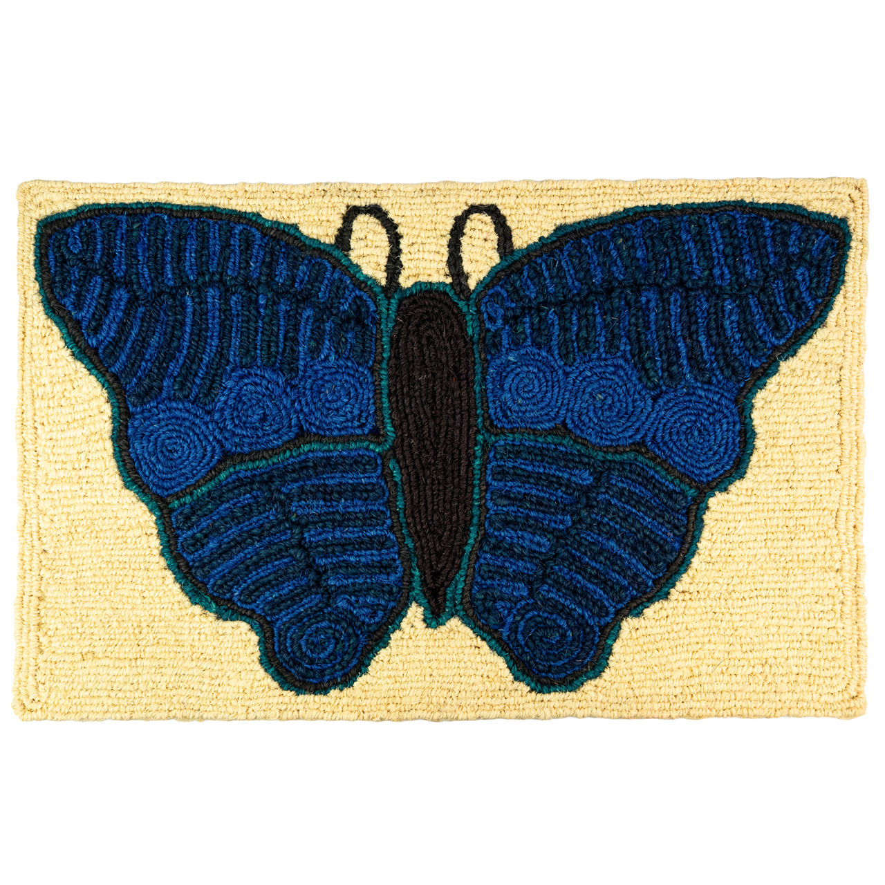 Fußmatte aus Kokos mit blauem Schmetterlingmotiv für Haustür, Flur oder Eingangsbereich.