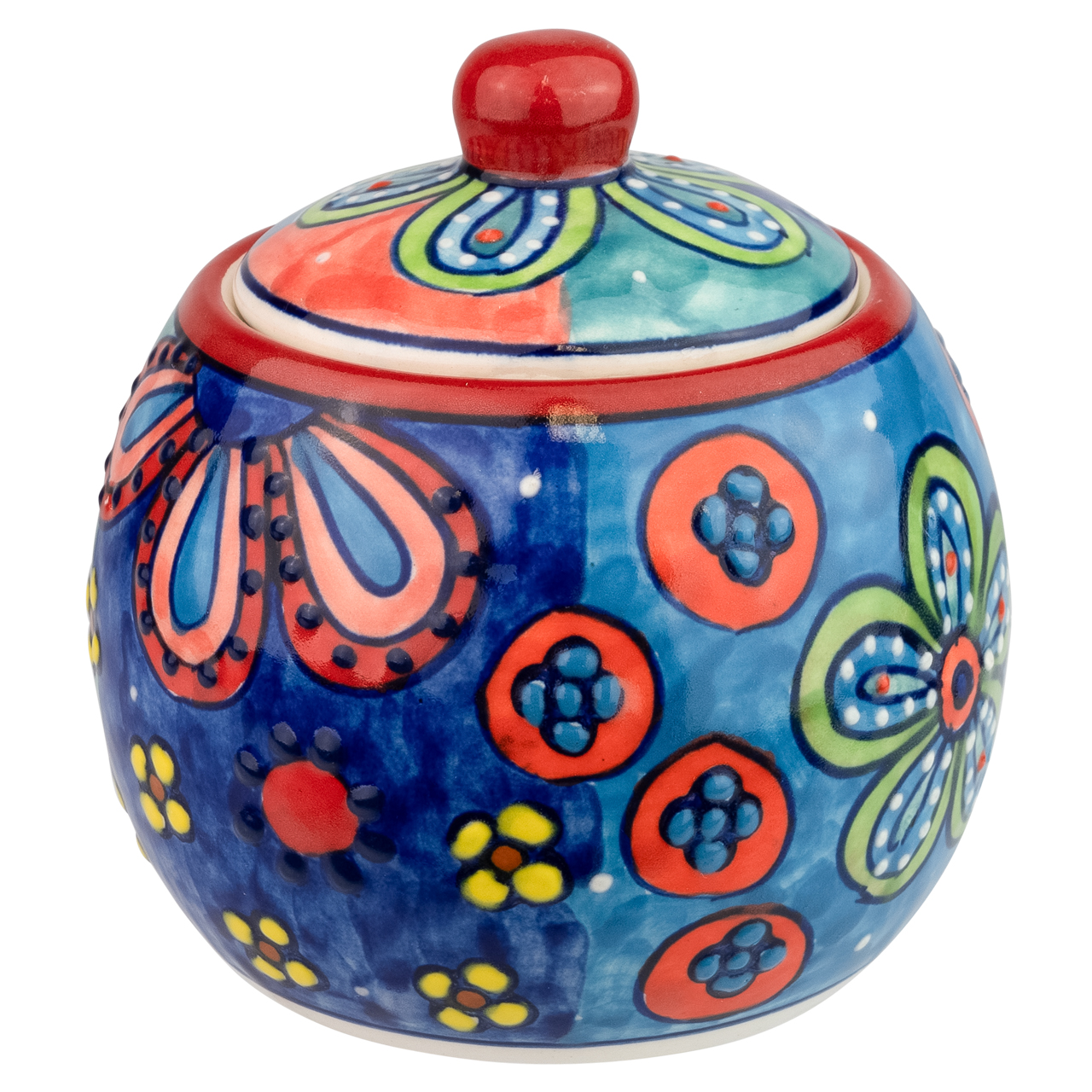 Zuckerdose aus Keramik mit Blumenmotiv, handbemalt.