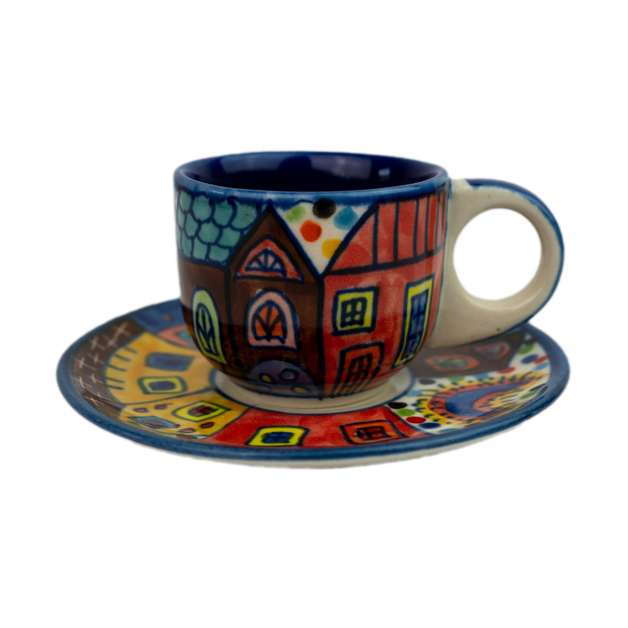 Espressotasse mit Unterteller aus Keramik mit Häusermotiv, handbemalt.