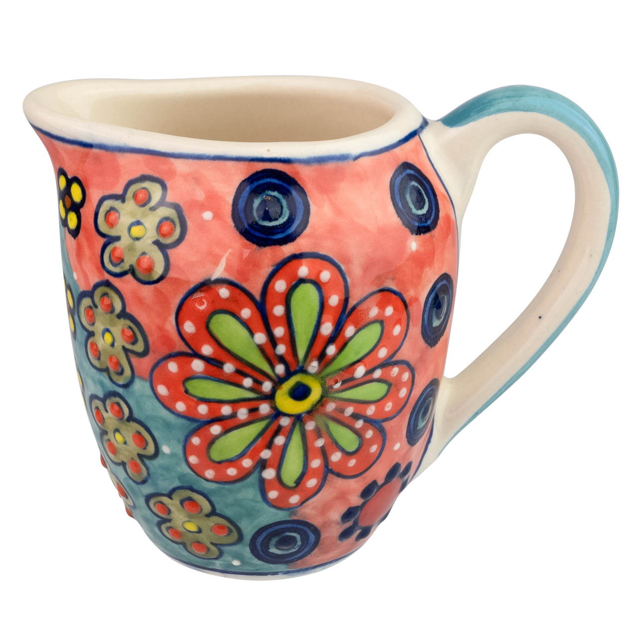 Milchkännchen aus Keramik mit Blumenmotiv, handbemalt.