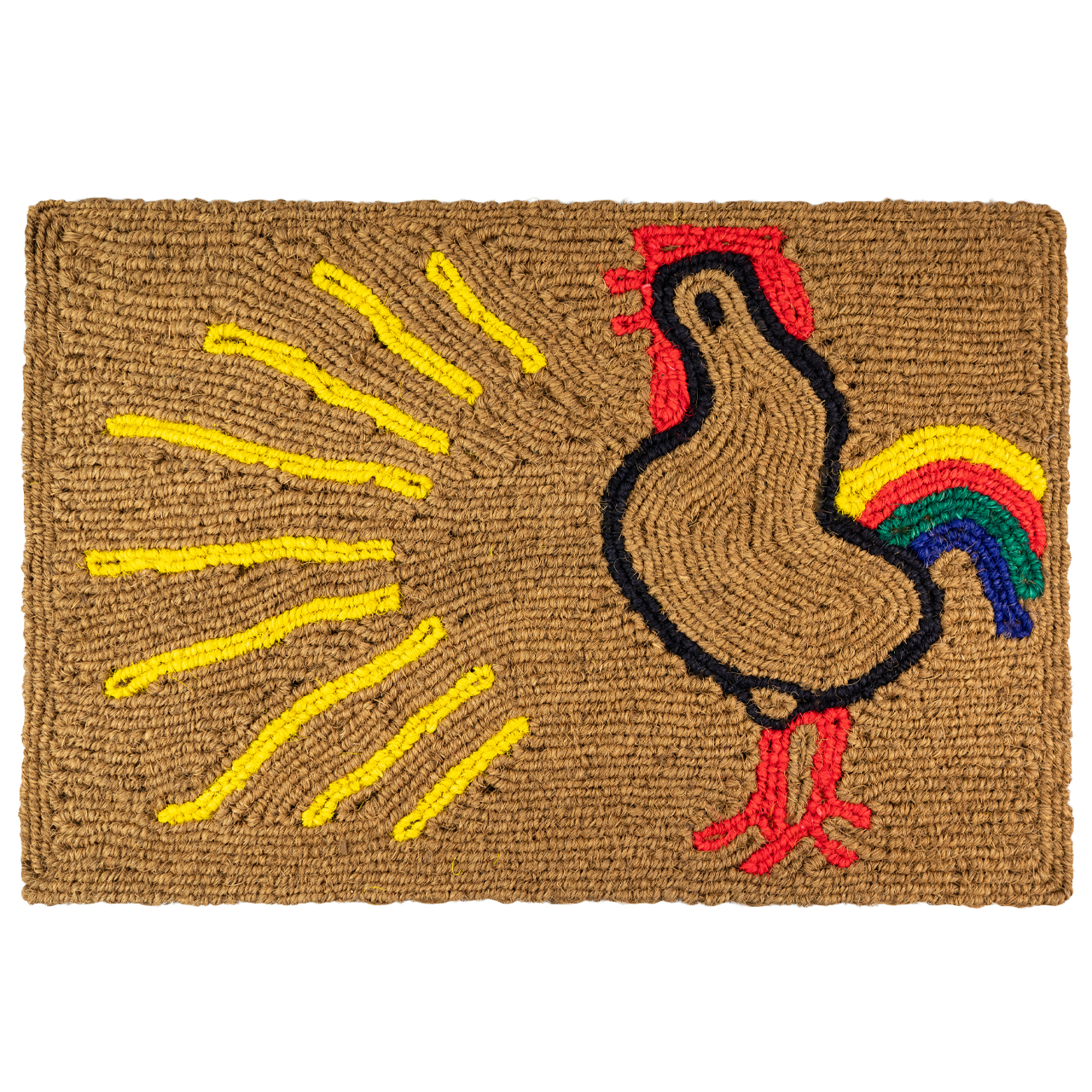Nachhaltige Fußmatte aus Kokos mit Hahn-Motiv, handgefertigt und fair gehandelt