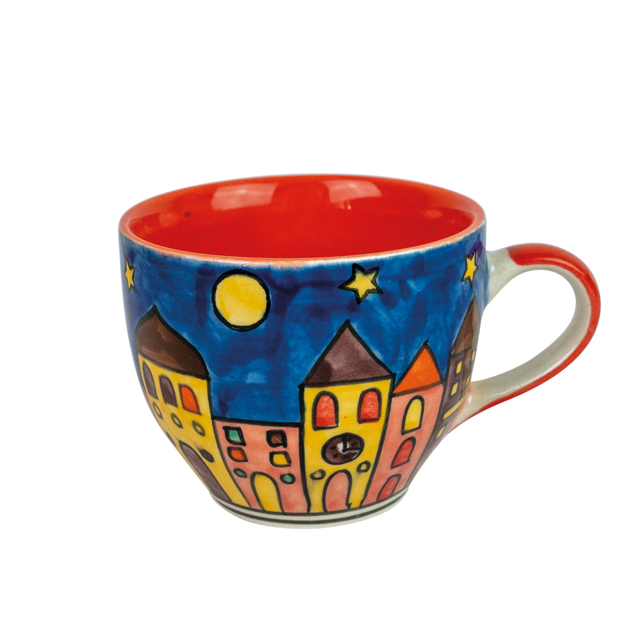Tasse aus Keramik mit Häusermotiv, handbemalt.