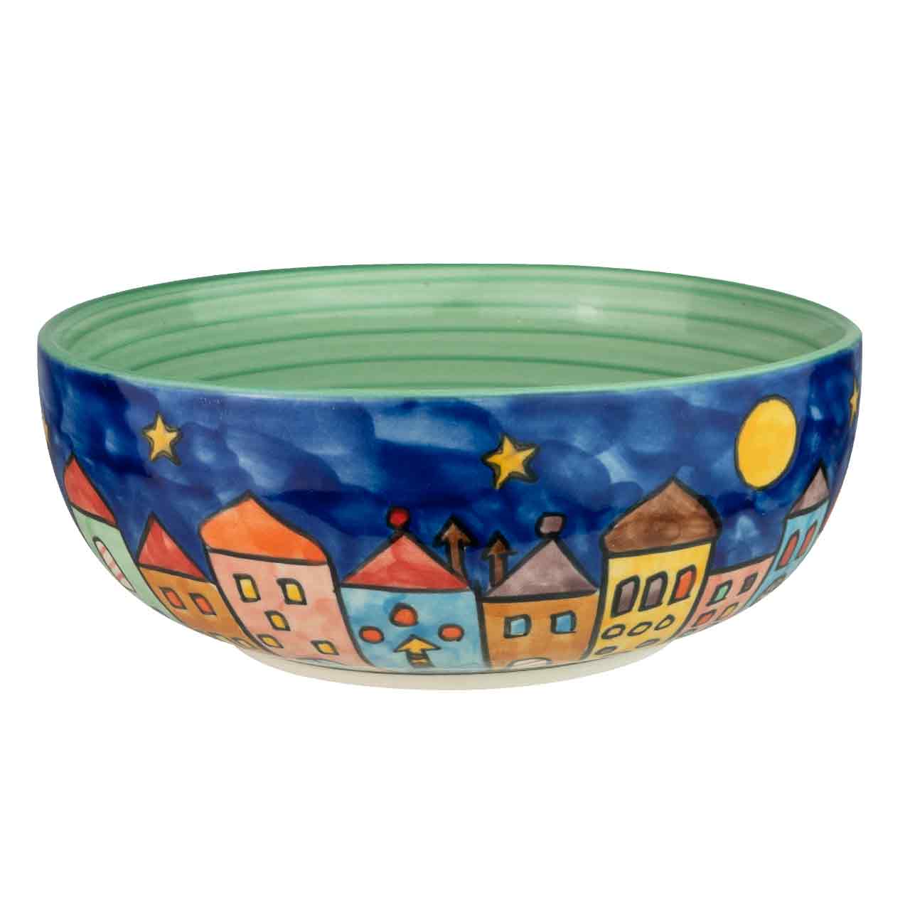 Handbemalte Salatschale aus Keramik mit weihnachtlicher Dorfszene – festliches Design für stilvolle Tischdekoration in der Adventszeit.