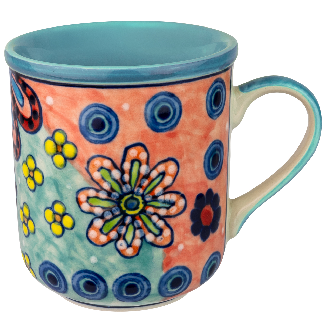 Handbemalte Kaffeetasse aus Keramik mit floralen Mustern – ideal für stilvolle Kaffeepausen und als besonderes Geschenk.