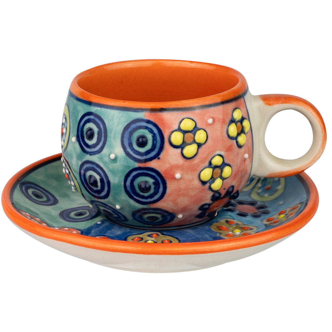 Espressotasse aus Keramik mit Blumenmotiv, handbemalt.